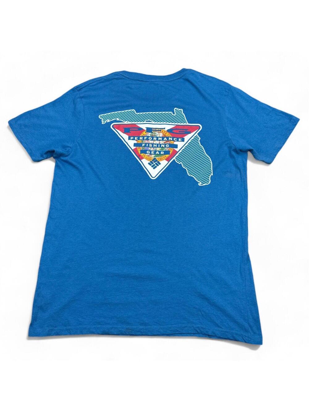 Columbia PFG Florida Tee Shirt Adult Size Medium Blue Big Logo Crew Neck